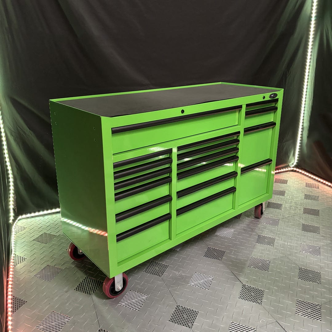 Maxim Pro Series 60” Workstation - 60” Roll cabinet +/- Stainless Steel Top MAXIM 60” Green 17 Drawer Roll Cabinet Toolbox