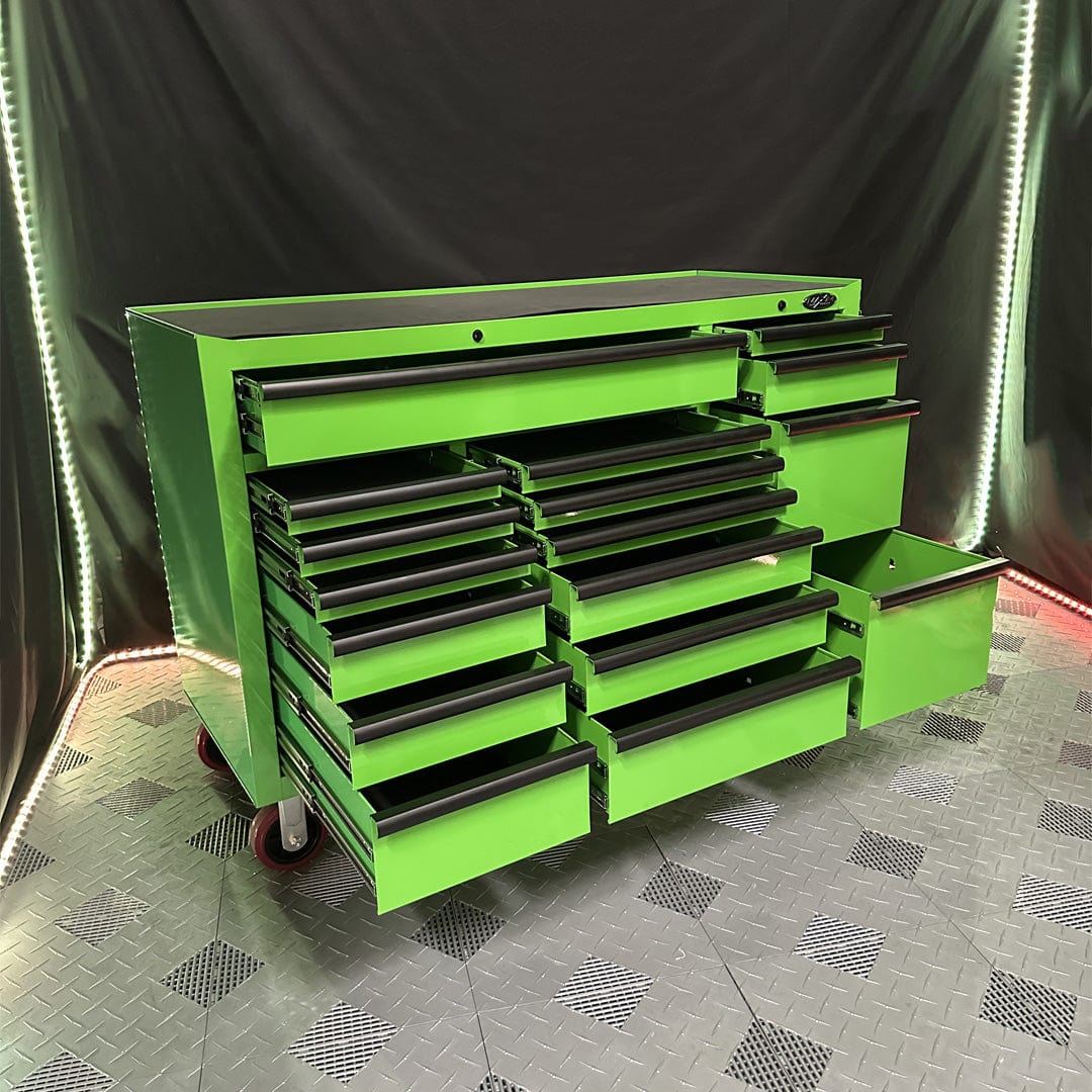 Maxim Pro Series 60” Workstation - 60” Roll cabinet +/- Stainless Steel Top MAXIM 60” Green 17 Drawer Roll Cabinet Toolbox
