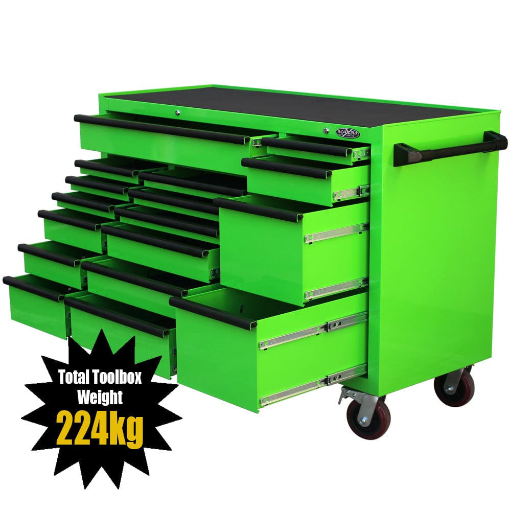 Maxim Pro Series 60” Workstation - 60” Roll cabinet +/- Stainless Steel Top MAXIM 60” Green 17 Drawers Roll Cabinet Toolbox - Latch Lock on Drawers