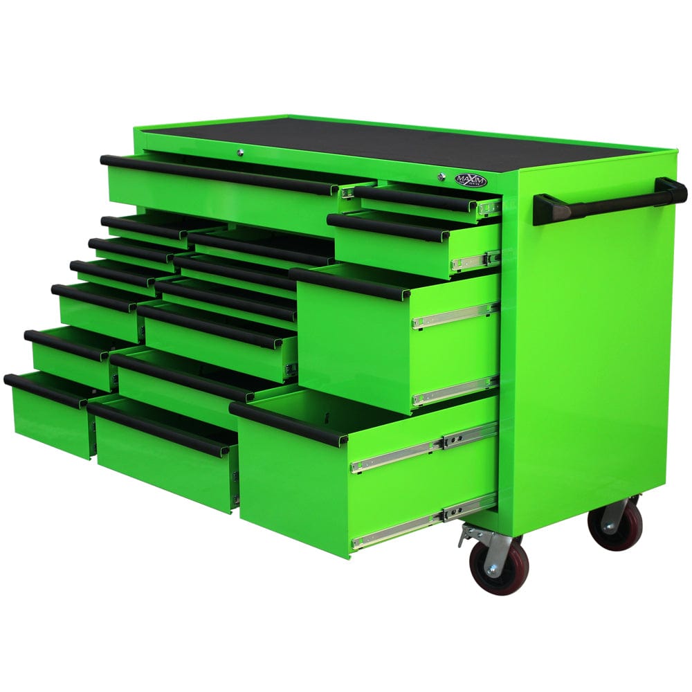 Maxim Pro Series 60” Workstation - 60” Roll cabinet +/- Stainless Steel Top MAXIM 60” Green 17 Drawers Roll Cabinet Toolbox - Latch Lock on Drawers