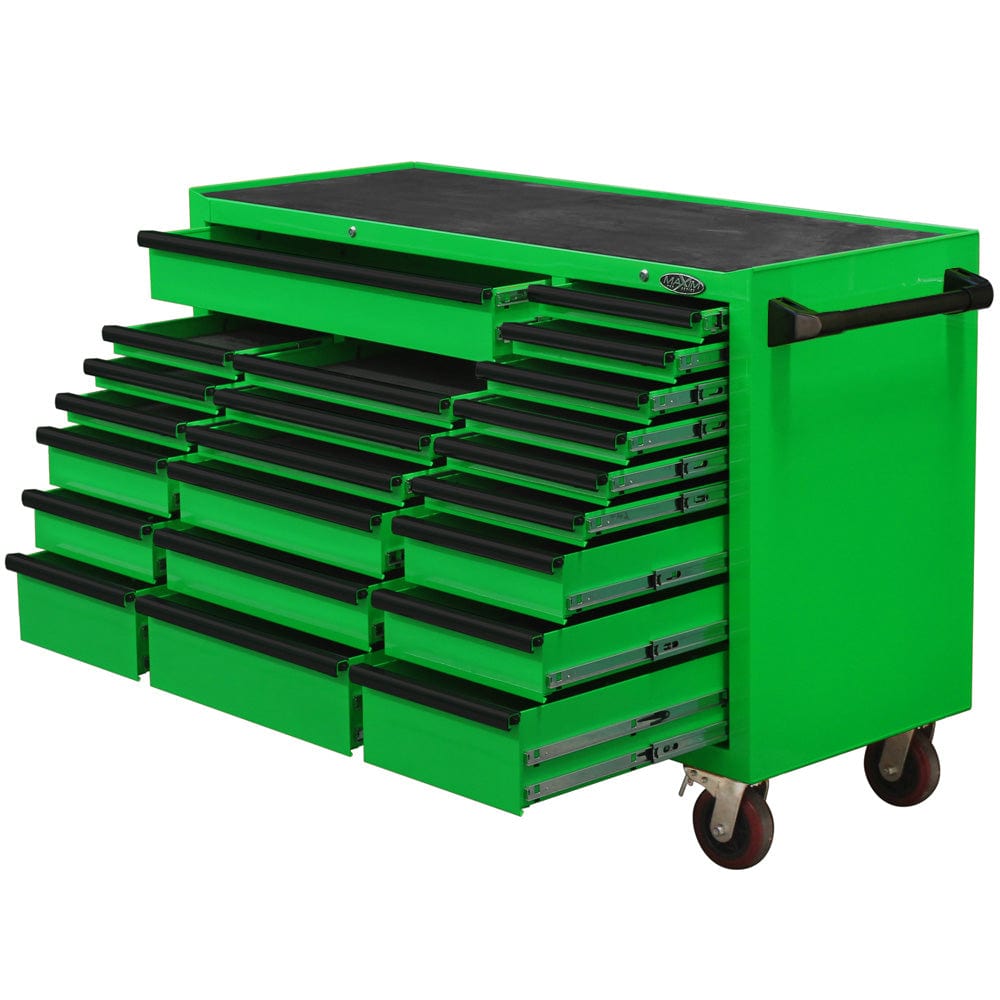 Maxim Pro Series 60” Workstation - 60” Roll cabinet +/- Stainless Steel Top MAXIM 60” Green 22 Drawer Roll Cabinet Toolbox