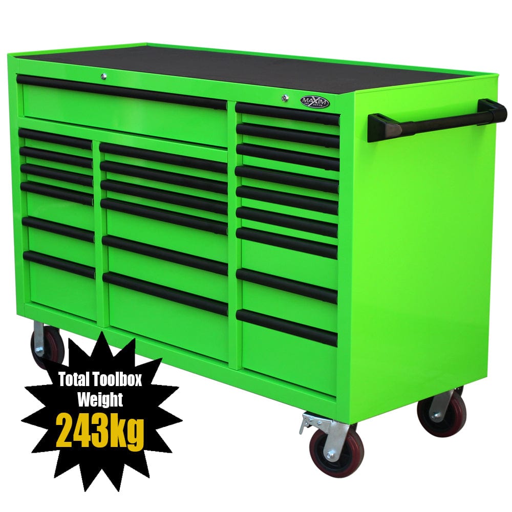 Maxim Pro Series 60” Workstation - 60” Roll cabinet +/- Stainless Steel Top MAXIM 60” Green 22 Drawers Roll Cabinet Toolbox - Latch Lock on Drawers