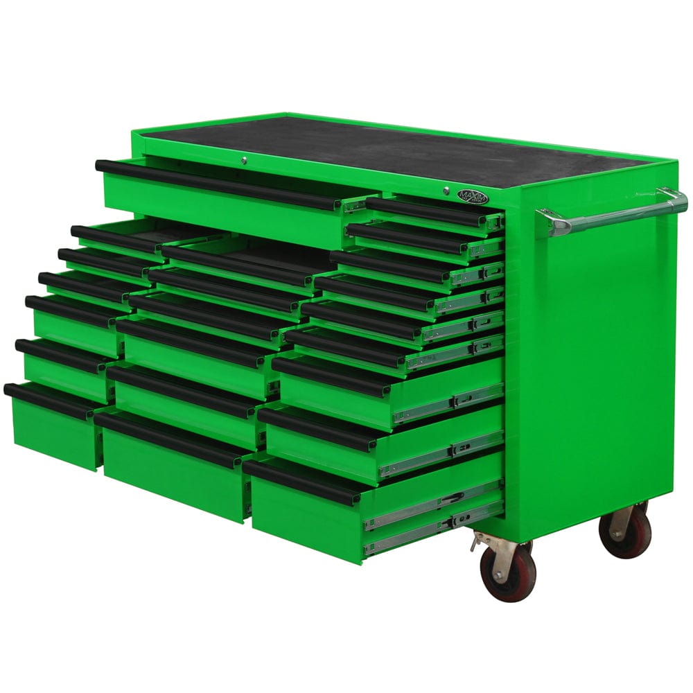 Maxim Pro Series 60” Workstation - 60” Roll cabinet +/- Stainless Steel Top MAXIM 60” Green 22 Drawers Roll Cabinet Toolbox - Latch Lock on Drawers