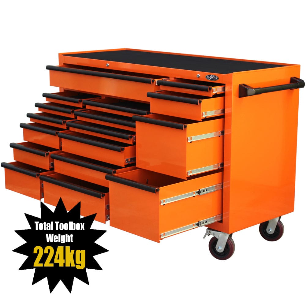 Maxim Pro Series 60” Workstation - 60” Roll cabinet +/- Stainless Steel Top MAXIM 60” Orange 17 Drawers Roll Cabinet Toolbox - Latch Lock on Drawers