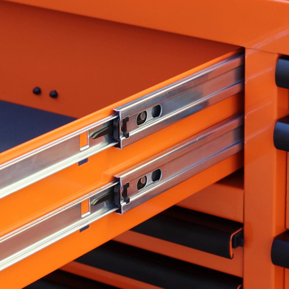 Maxim Pro Series 60” Workstation - 60” Roll cabinet +/- Stainless Steel Top MAXIM 60” Orange 17 Drawers Roll Cabinet Toolbox - Latch Lock on Drawers