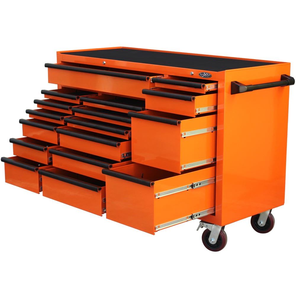 Maxim Pro Series 60” Workstation - 60” Roll cabinet +/- Stainless Steel Top MAXIM 60” Orange 17 Drawers Roll Cabinet Toolbox - Latch Lock on Drawers