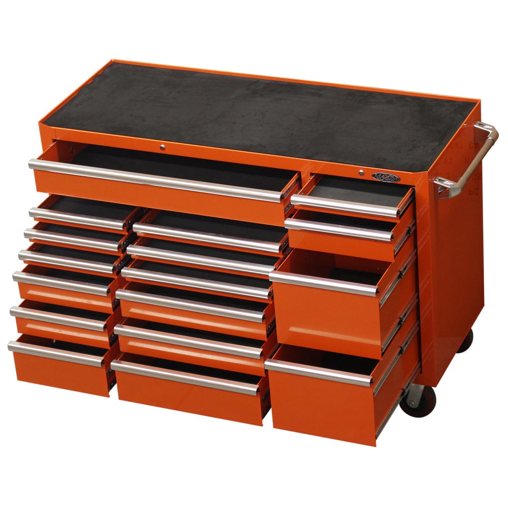 Maxim Pro Series 60” Workstation - 60” Roll cabinet +/- Stainless Steel Top MAXIM 60” Orange 17 Drawers Roll Cabinet Toolbox - Latch Lock on Drawers