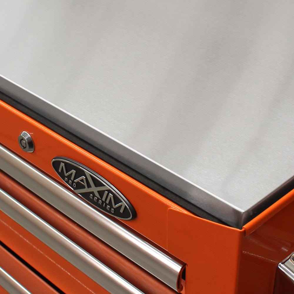 Maxim Pro Series 60” Workstation - 60” Roll cabinet +/- Stainless Steel Top MAXIM 60” Orange 17 Drawers Roll Cabinet Toolbox - Latch Lock on Drawers