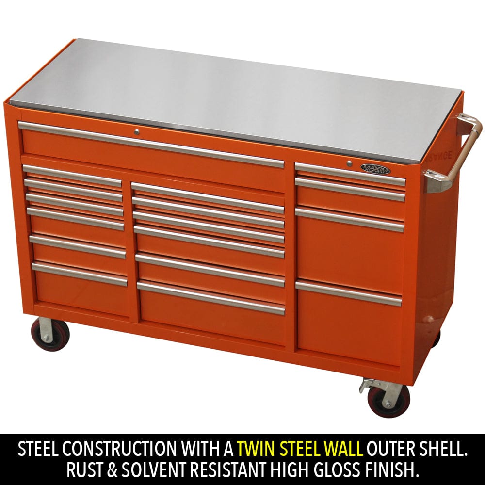 Maxim Pro Series 60” Workstation - 60” Roll cabinet +/- Stainless Steel Top MAXIM 60” Orange 17 Drawers Roll Cabinet Toolbox - Latch Lock on Drawers