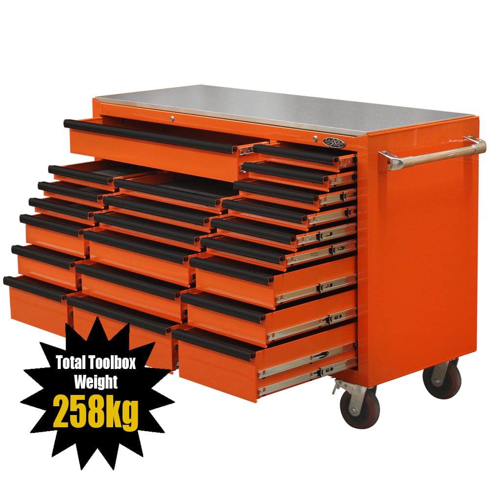 Maxim Pro Series 60” Workstation - 60” Roll cabinet +/- Stainless Steel Top MAXIM 60” Orange 22 Drawers Roll Cabinet Toolbox - Latch Lock on Drawers