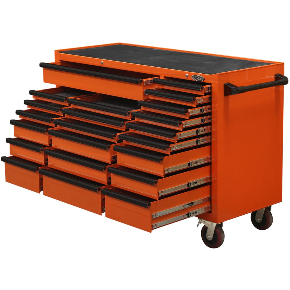 Maxim Pro Series 60” Workstation - 60” Roll cabinet +/- Stainless Steel Top MAXIM 60” Orange 22 Drawers Roll Cabinet Toolbox - Latch Lock on Drawers