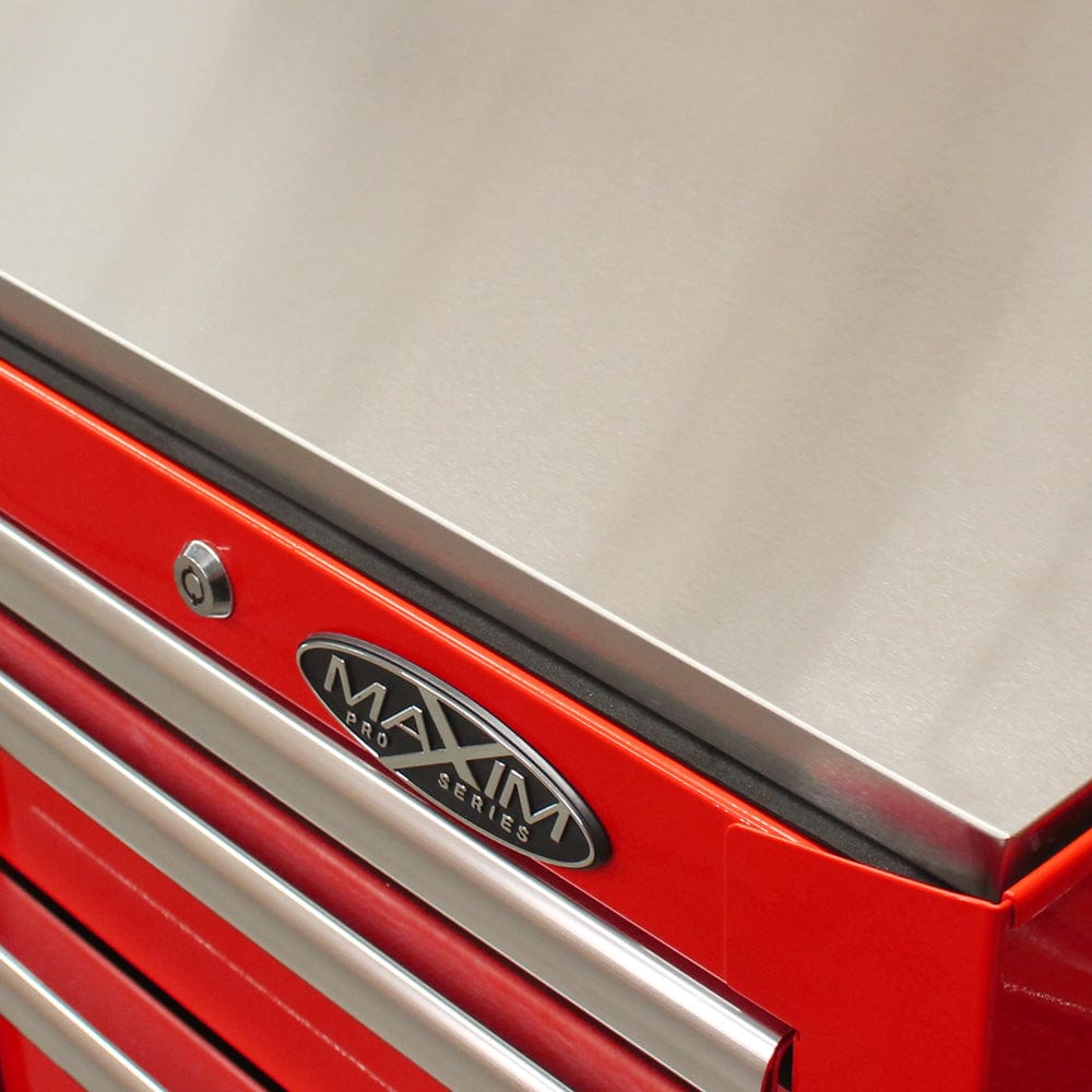 Maxim Pro Series 60” Workstation - 60” Roll cabinet +/- Stainless Steel Top MAXIM 60” Red 17 Drawer Roll Cabinet Toolbox