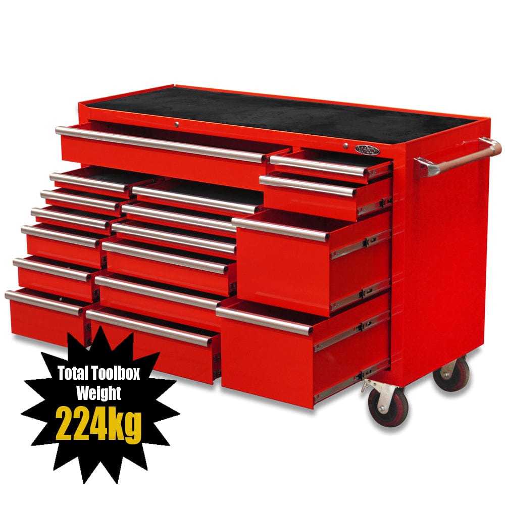 Maxim Pro Series 60” Workstation - 60” Roll cabinet +/- Stainless Steel Top MAXIM 60” Red 17 Drawers Roll Cabinet Toolbox - Latch Lock on Drawers