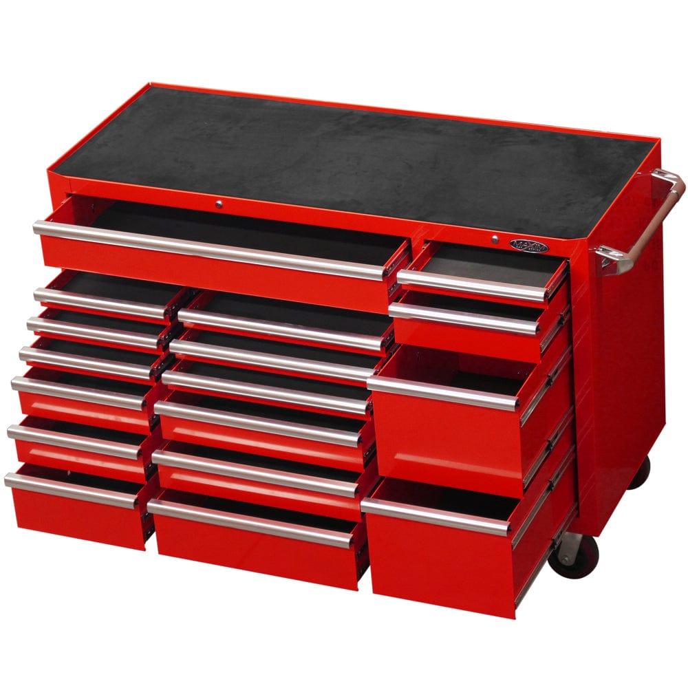 Maxim Pro Series 60” Workstation - 60” Roll cabinet +/- Stainless Steel Top MAXIM 60” Red 17 Drawers Roll Cabinet Toolbox - Latch Lock on Drawers