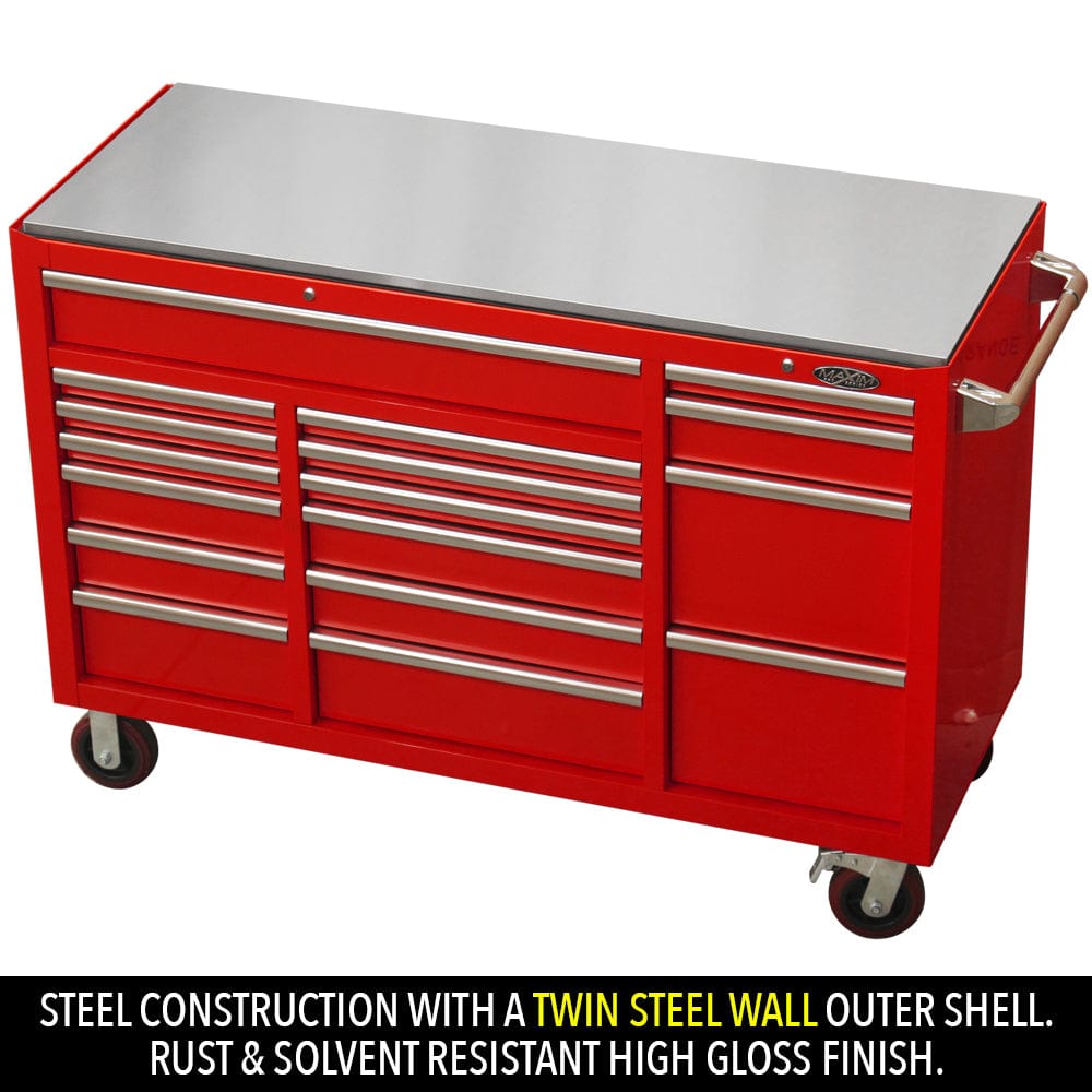 Maxim Pro Series 60” Workstation - 60” Roll cabinet +/- Stainless Steel Top MAXIM 60” Red 17 Drawers Roll Cabinet Toolbox - Latch Lock on Drawers