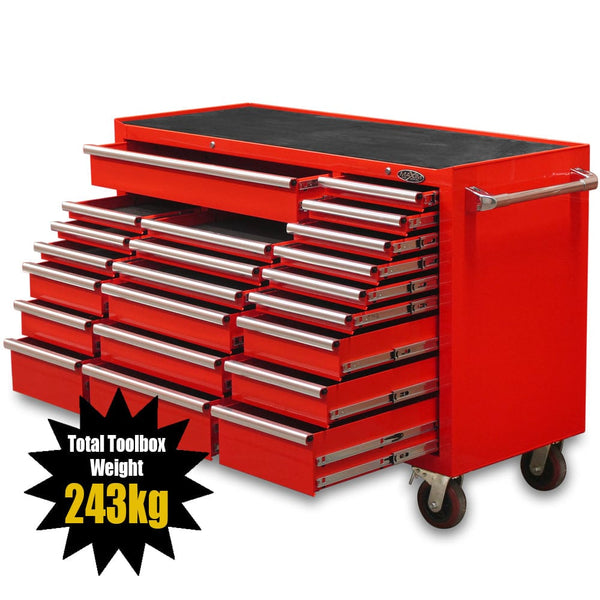 Maxim Pro Series 60” Workstation - 60” Roll cabinet +/- Stainless Steel Top MAXIM 60” Red 22 Drawers Roll Cabinet Toolbox - Latch Lock on Drawers