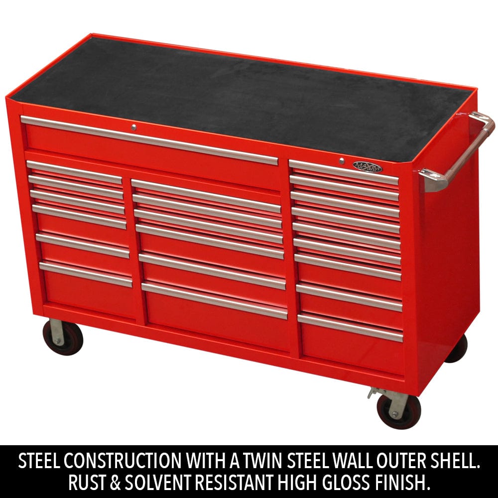 Maxim Pro Series 60” Workstation - 60” Roll cabinet +/- Stainless Steel Top MAXIM 60” Red 22 Drawers Roll Cabinet Toolbox - Latch Lock on Drawers