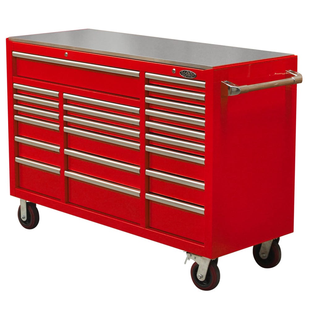 Maxim Pro Series 60” Workstation - 60” Roll cabinet +/- Stainless Steel Top MAXIM 60” Red 22 Drawers Roll Cabinet Toolbox - Latch Lock on Drawers