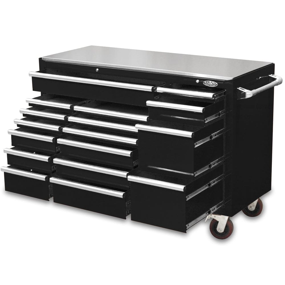 Maxim Pro Series 60” Workstation - 60” Roll cabinet +/- Stainless Steel Top Stainless Steel Top MAXIM 60” Black 17 Drawers Roll Cabinet Toolbox - Latch Lock on Drawers