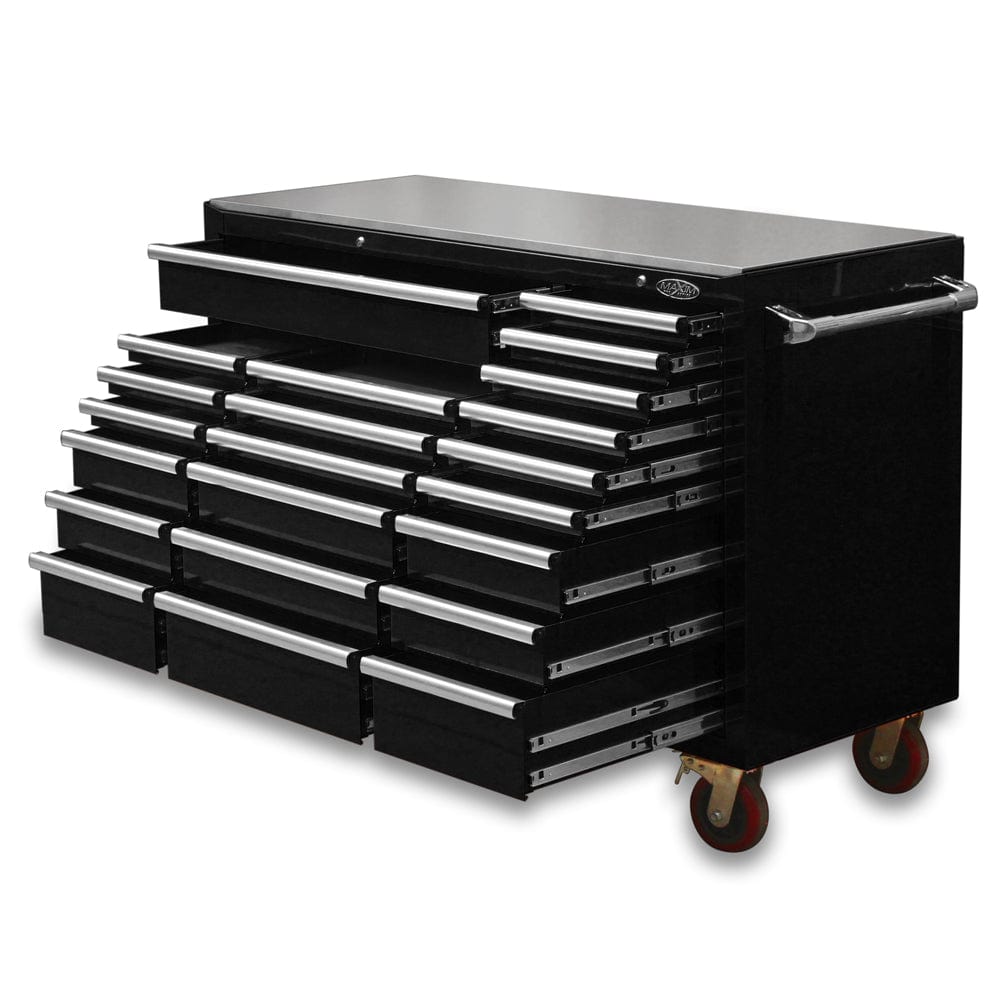 Maxim Pro Series 60” Workstation - 60” Roll cabinet +/- Stainless Steel Top Stainless Steel Top MAXIM 60” Black 22 Drawer Roll Cabinet Toolbox - Latch Lock on Drawers