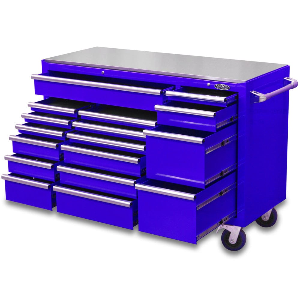 Maxim Pro Series 60” Workstation - 60” Roll cabinet +/- Stainless Steel Top Stainless Steel Top MAXIM 60” Blue 17 Drawers Roll Cabinet Toolbox - Latch Lock on Drawers