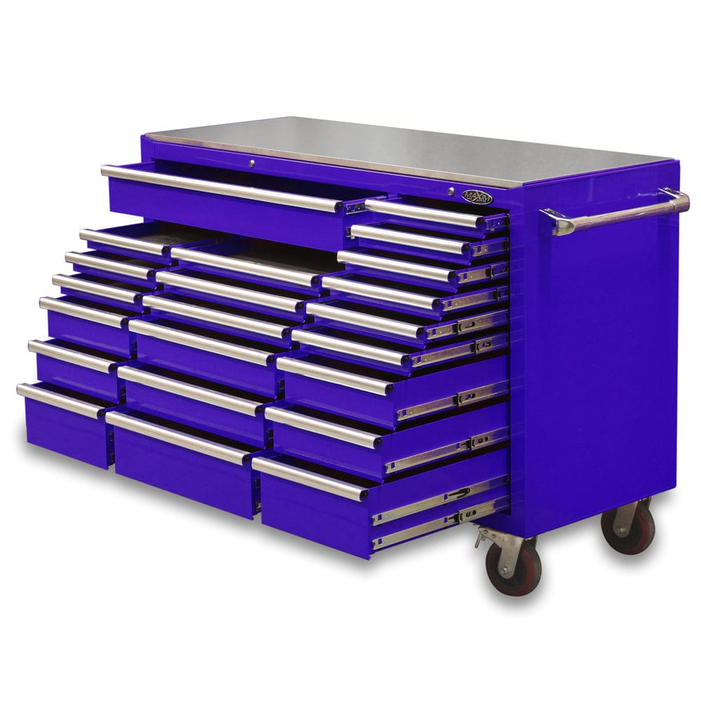 Maxim Pro Series 60” Workstation - 60” Roll cabinet +/- Stainless Steel Top Stainless Steel Top MAXIM 60” Blue 22 Drawers Roll Cabinet Toolbox - Latch Lock on Drawers