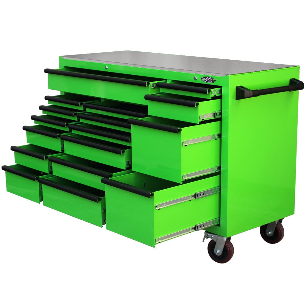 Maxim Pro Series 60” Workstation - 60” Roll cabinet +/- Stainless Steel Top Stainless Steel Top MAXIM 60” Green 17 Drawers Roll Cabinet Toolbox - Latch Lock on Drawers