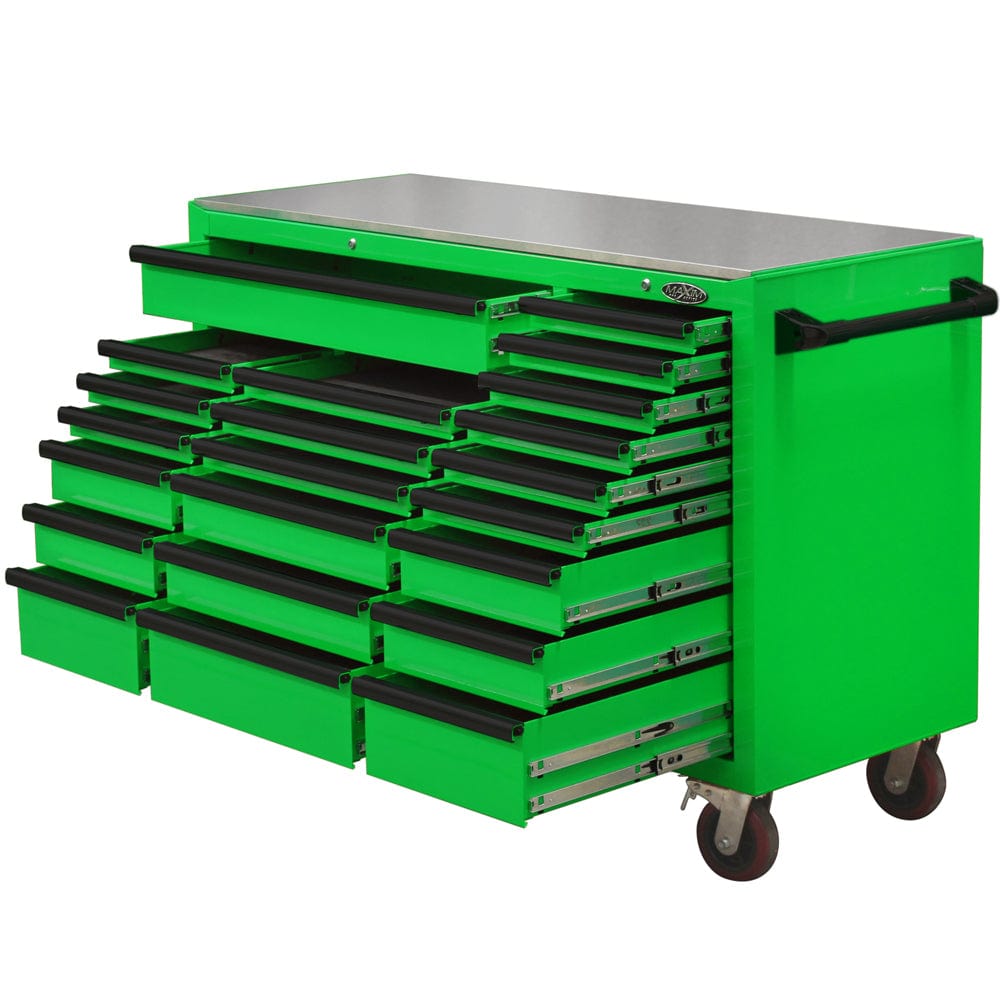 Maxim Pro Series 60” Workstation - 60” Roll cabinet +/- Stainless Steel Top Stainless Steel Top MAXIM 60” Green 22 Drawers Roll Cabinet Toolbox - Latch Lock on Drawers