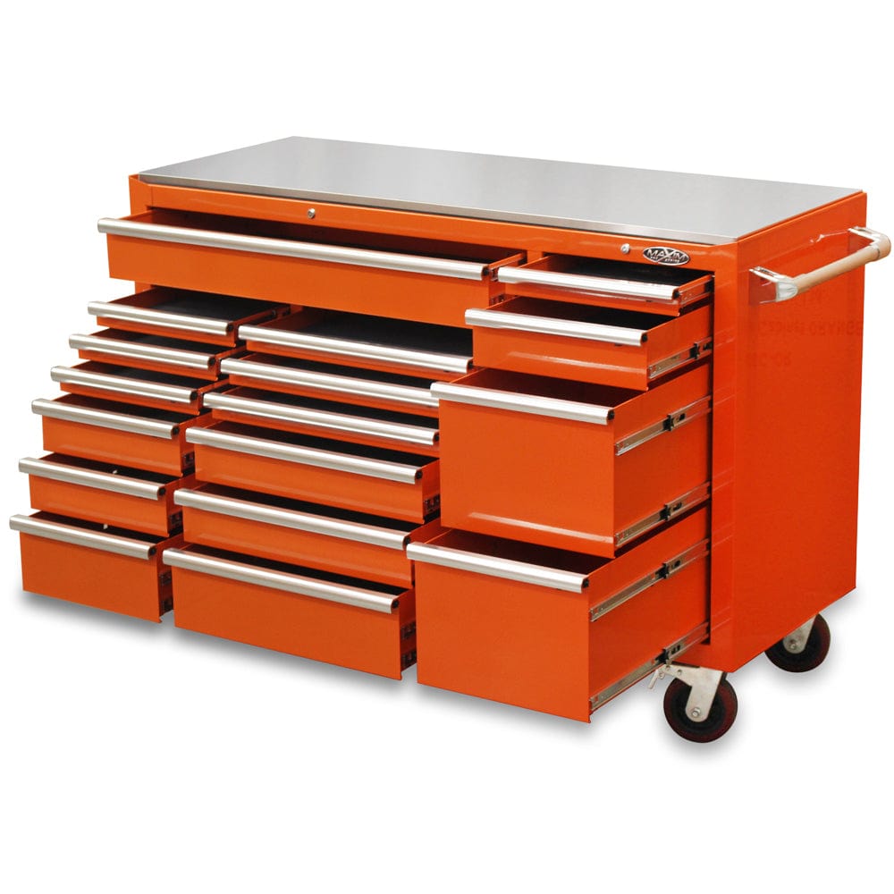 Maxim Pro Series 60” Workstation - 60” Roll cabinet +/- Stainless Steel Top Stainless Steel Top MAXIM 60” Orange 17 Drawers Roll Cabinet Toolbox - Latch Lock on Drawers