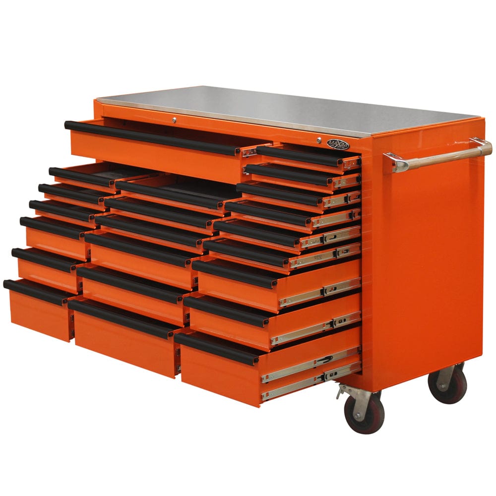 Maxim Pro Series 60” Workstation - 60” Roll cabinet +/- Stainless Steel Top Stainless Steel Top MAXIM 60” Orange 22 Drawers Roll Cabinet Toolbox - Latch Lock on Drawers