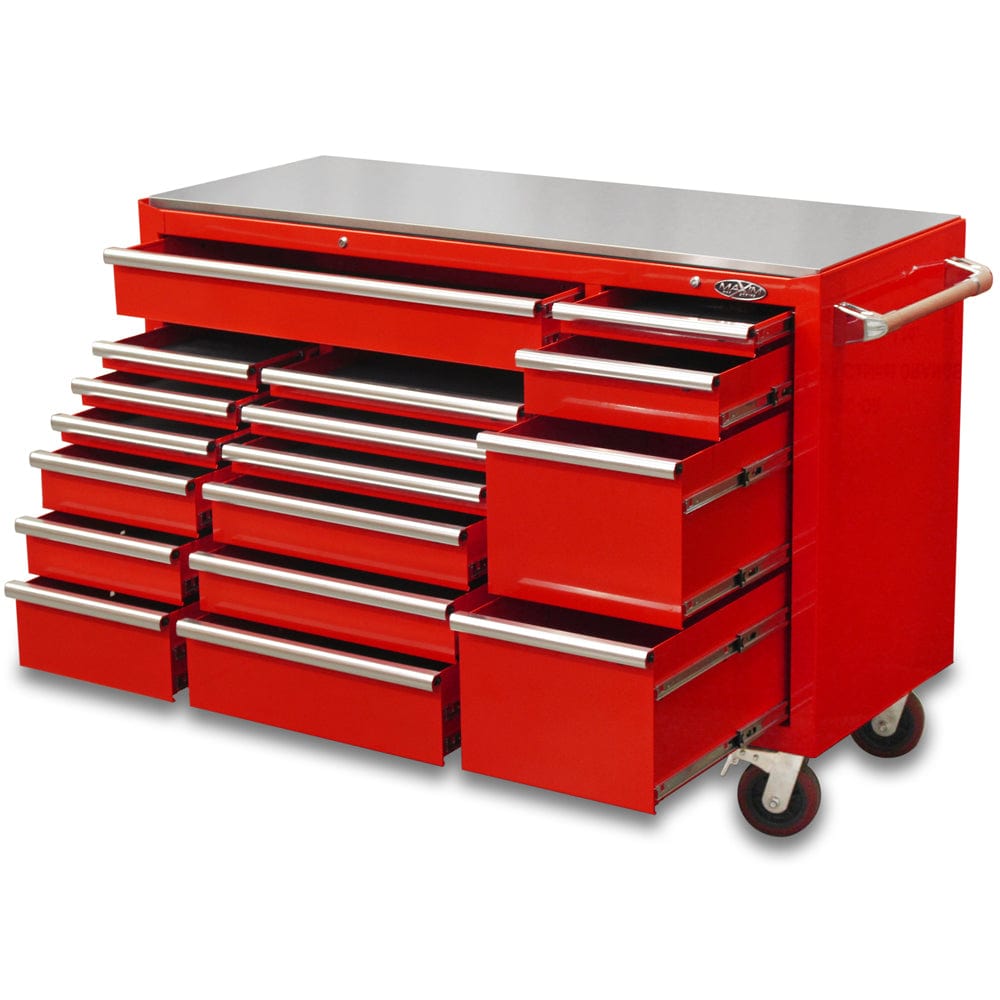 Maxim Pro Series 60” Workstation - 60” Roll cabinet +/- Stainless Steel Top Stainless Steel Top MAXIM 60” Red 17 Drawers Roll Cabinet Toolbox - Latch Lock on Drawers