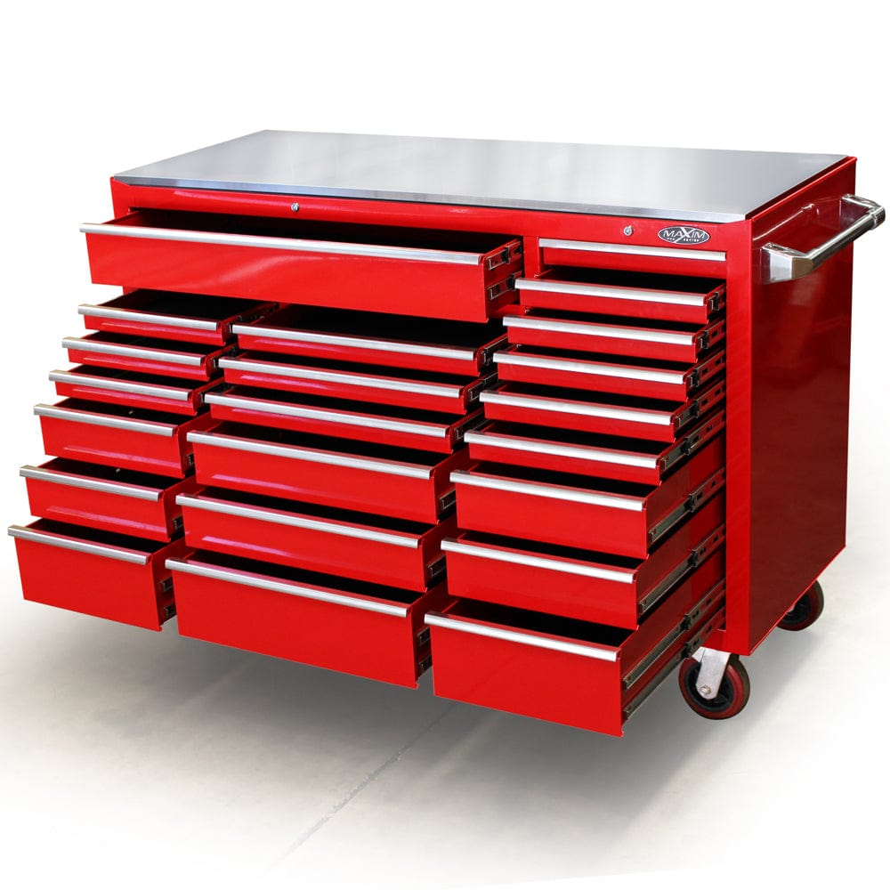 Maxim Pro Series 60” Workstation - 60” Roll cabinet +/- Stainless Steel Top Stainless Steel Top MAXIM 60” Red 22 Drawers Roll Cabinet Toolbox - Latch Lock on Drawers