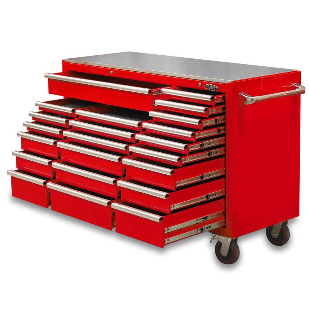 Maxim Pro Series 60” Workstation - 60” Roll cabinet +/- Stainless Steel Top Stainless Steel Top MAXIM 60” Red 22 Drawers Roll Cabinet Toolbox - Latch Lock on Drawers