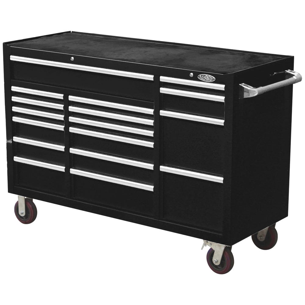 Maxim Pro Series 60” Workstation - 60” Roll cabinet +/- Stainless Steel Top Standard Top MAXIM 60” Black 17 Drawers Roll Cabinet Toolbox - Latch Lock on Drawers