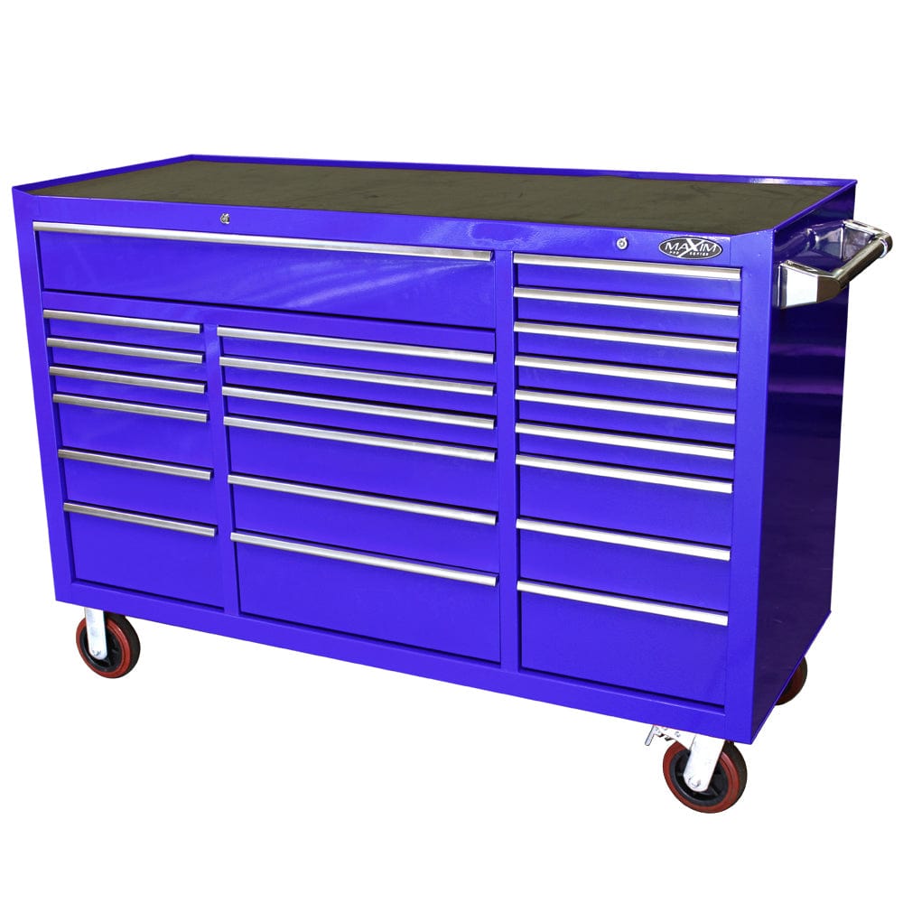 Maxim Pro Series 60” Workstation - 60” Roll cabinet +/- Stainless Steel Top Standard Top MAXIM 60” Blue 22 Drawers Roll Cabinet Toolbox - Latch Lock on Drawers