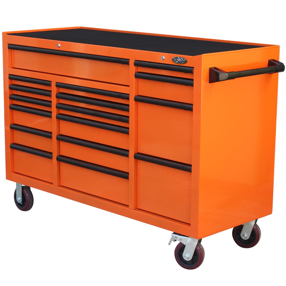 Maxim Pro Series 60” Workstation - 60” Roll cabinet +/- Stainless Steel Top Standard Top MAXIM 60” Orange 17 Drawers Roll Cabinet Toolbox - Latch Lock on Drawers