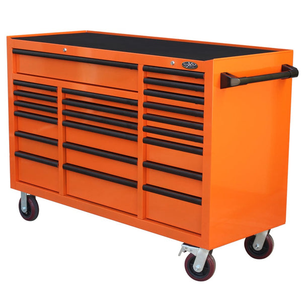 Maxim Pro Series 60” Workstation - 60” Roll cabinet +/- Stainless Steel Top Standard Top MAXIM 60” Orange 22 Drawers Roll Cabinet Toolbox - Latch Lock on Drawers