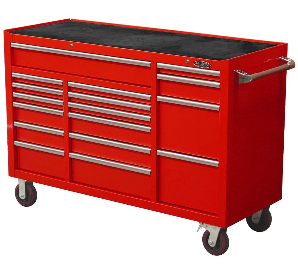 Maxim Pro Series 60” Workstation - 60” Roll cabinet +/- Stainless Steel Top Standard Top MAXIM 60” Red 17 Drawers Roll Cabinet Toolbox - Latch Lock on Drawers