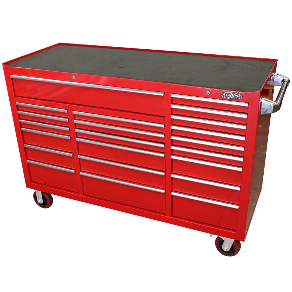 Maxim Pro Series 60” Workstation - 60” Roll cabinet +/- Stainless Steel Top Standard Top MAXIM 60” Red 22 Drawers Roll Cabinet Toolbox - Latch Lock on Drawers