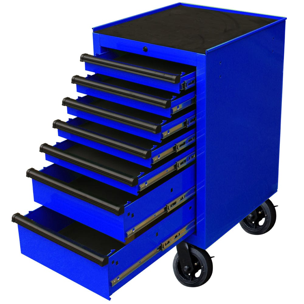 Maxim Pro Series 72” & 54” Side Cabinet MAXIM 72” & 54” Blue Side Cabinet with 7 Drawers attaches to the Roll Cabinet - optional wheels can be fitted