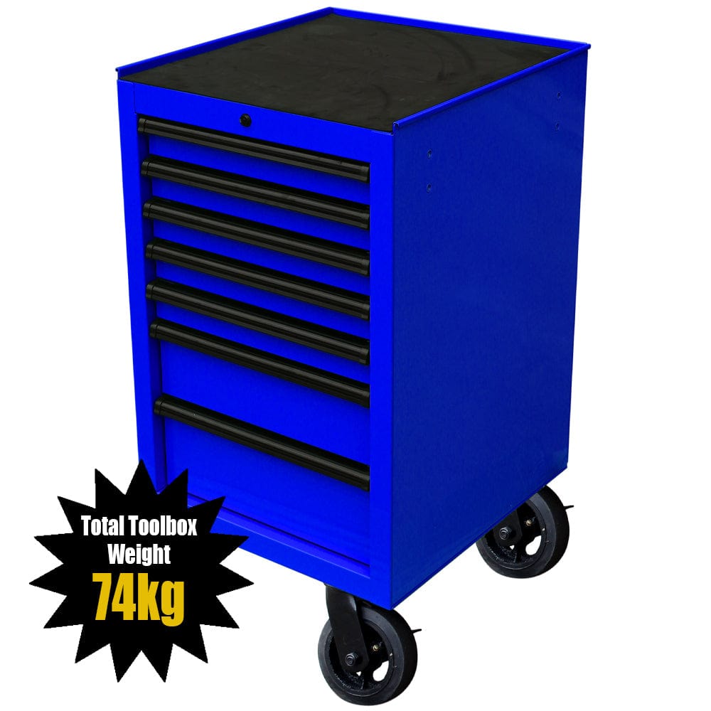 Maxim Pro Series 72” & 54” Side Cabinet MAXIM 72” & 54” Blue Side Cabinet with 7 Drawers attaches to the Roll Cabinet - optional wheels can be fitted