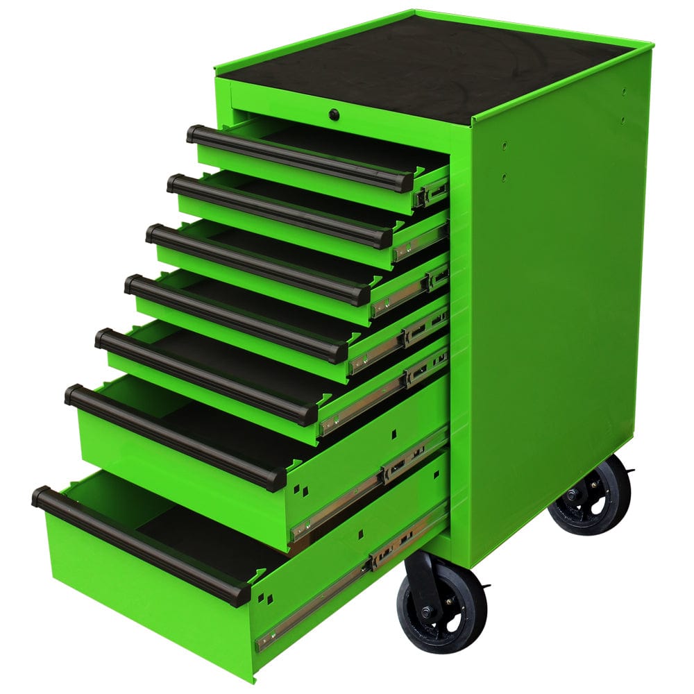 Maxim Pro Series 72” & 54” Side Cabinet MAXIM 72” & 54” Green Side Cabinet with 7 Drawers attaches to the Roll Cabinet - optional wheels can be fitted