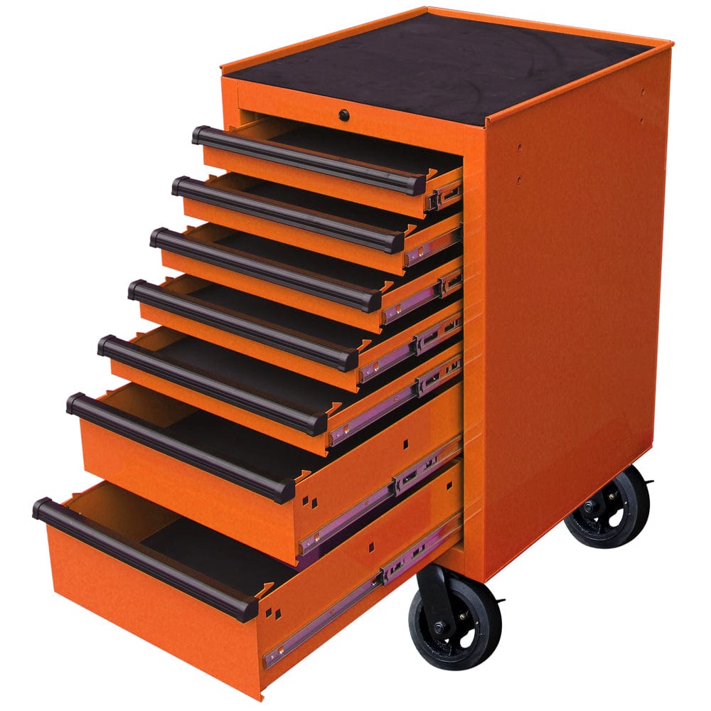 Maxim Pro Series 72” & 54” Side Cabinet MAXIM 72” & 54” Orange Side Cabinet with 7 Drawers attaches to the Roll Cabinet - optional wheels can be fitted