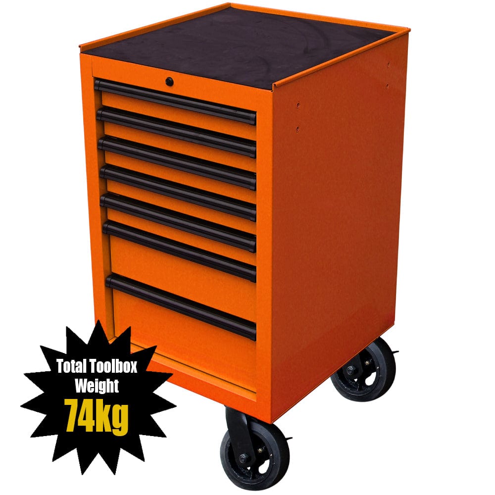 Maxim Pro Series 72” & 54” Side Cabinet MAXIM 72” & 54” Orange Side Cabinet with 7 Drawers attaches to the Roll Cabinet - optional wheels can be fitted