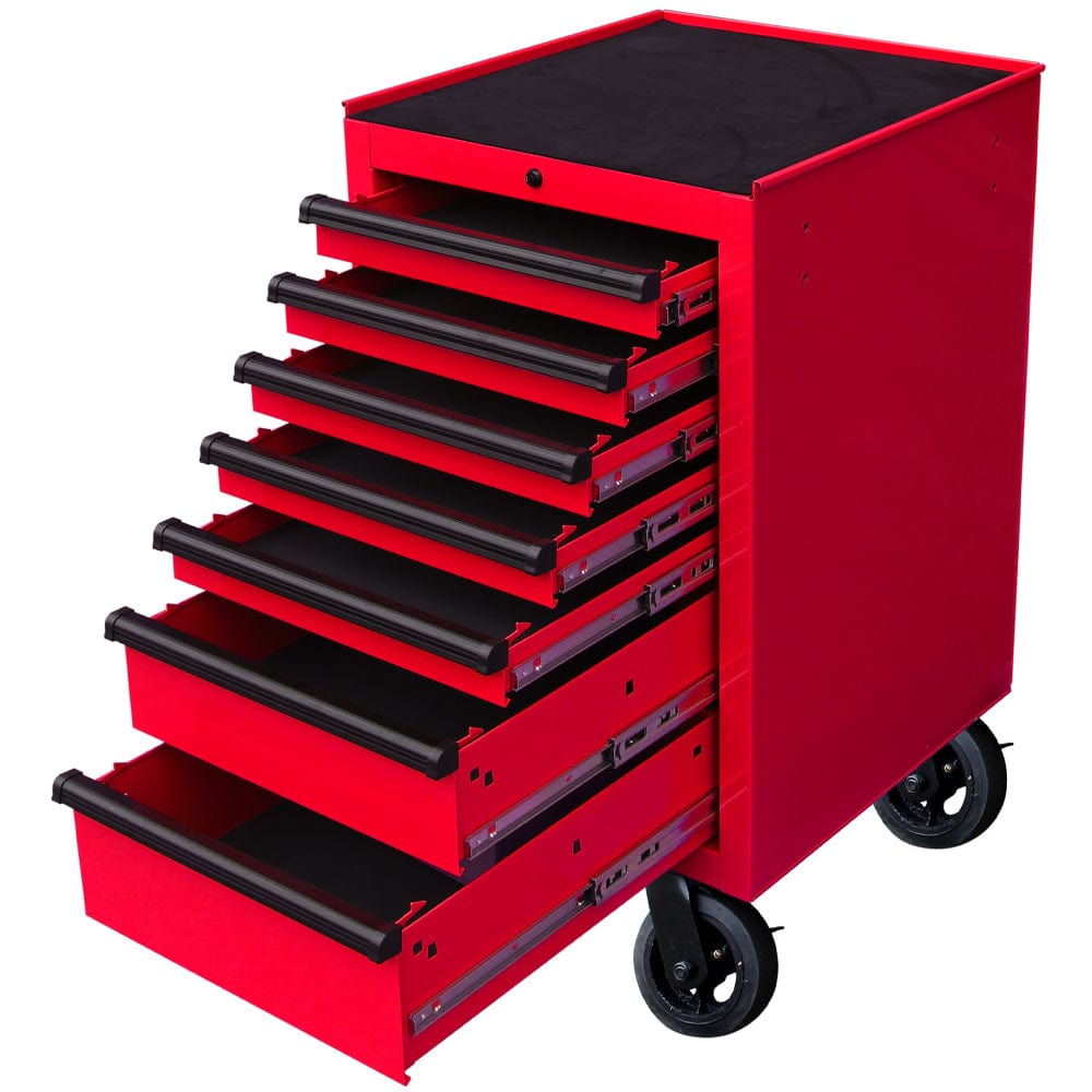 Maxim Pro Series 72” & 54” Side Cabinet MAXIM 72” & 54” Red Side Cabinet with 7 Drawers attaches to the Roll Cabinet - optional wheels can be fitted