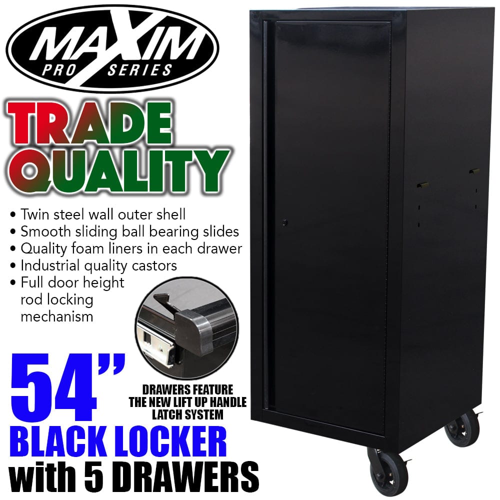 Maxim Pro Series 72” & 54” Side locker MAXIM 72” & 54” Black Locker with 5 Drawers attaches to the Roll Cabinet