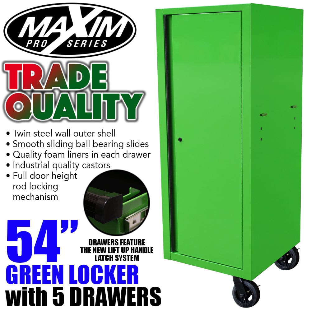 Maxim Pro Series 72” & 54” Side locker MAXIM 72” & 54” Green Locker with 5 Drawers attaches to the Roll Cabinet