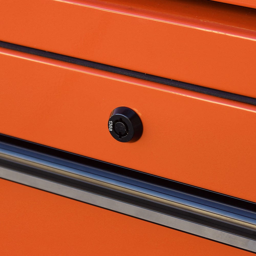 Maxim Pro Series 72” & 54” Side locker MAXIM 72” & 54” Orange Locker with 5 Drawers attaches to the Roll Cabinet