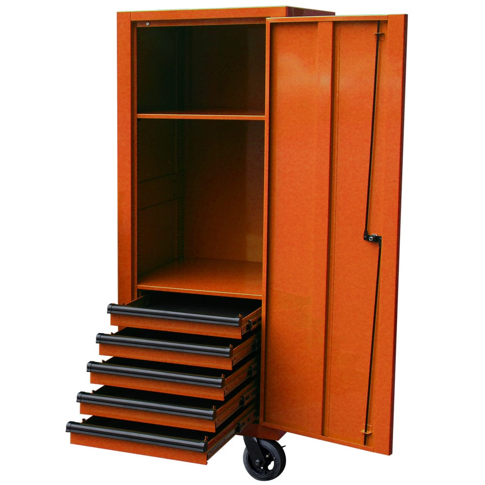 Maxim Pro Series 72” & 54” Side locker MAXIM 72” & 54” Orange Locker with 5 Drawers attaches to the Roll Cabinet