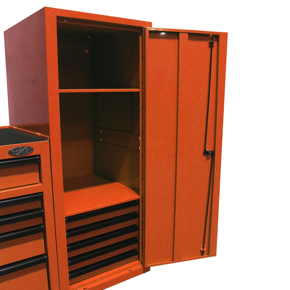 Maxim Pro Series 72” & 54” Side locker MAXIM 72” & 54” Orange Locker with 5 Drawers attaches to the Roll Cabinet